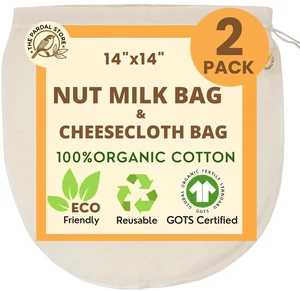 XXL 14"x14" Nut Milk Bag - 100% Organic Unbleached Cotton Easy To Clean Nut Milk Strainer/Cheesecloth Bags, Reusable for Straining Oat Milk, Almond Milk, Cheese making, Celery Juice XXL 14"x14" Nut Milk Bag - 100% Organic Unbleached Cotton Easy To Clean Nut Milk Strainer/Cheesecloth Bags, Reusable for Straining Oat Milk, Almond Milk, Cheese making, Celery Juice