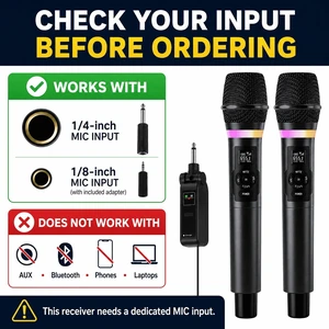 Wireless Microphone System with Rechargeable Receiver, Dual Handheld Dynamic Mics for Karaoke, PA Speaker and Amplifier Wireless Microphone System with Rechargeable Receiver, Dual Handheld Dynamic Mics for Karaoke, PA Speaker and Amplifier