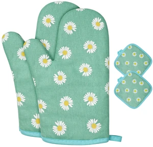 Oven Mitts and Potholders, BBQ Gloves Heat Resistant, Daisy-Green | 1 Pair Oven Mitts + 2 Pot Holders, Cotton Non-Slip Cooking Gloves Home Essentials for Cooking Baking Kitchen Microwave Pizza Oven Mitts and Potholders, BBQ Gloves Heat Resistant, Daisy-Green | 1 Pair Oven Mitts + 2 Pot Holders, Cotton Non-Slip Cooking Gloves Home Essentials for Cooking Baking Kitchen Microwave Pizza