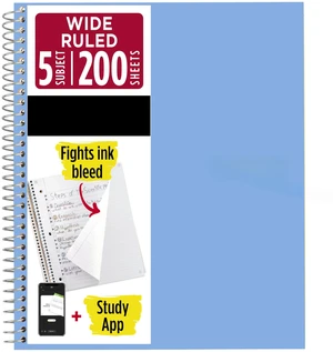 Spiral Notebook + Study App, 5 Subject, Wide Ruled Paper, 8" x 10-1/2", 200 Sheets, Fights Ink Bleed, Water Resistant Cover, Tidewater Blue Spiral Notebook + Study App, 5 Subject, Wide Ruled Paper, 8" x 10-1/2", 200 Sheets, Fights Ink Bleed, Water Resistant Cover, Tidewater Blue
