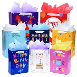 8 Pack Birthday Gift Bags Assorted Sizes with Tissue Paper | 2 Extra Large 15", 3 Large 13",3 Medium 9", with Ribbon Handles, 300GSM Cardboard,8 Designs,for Family and Friends 8 Pack Birthday Gift Bags Assorted Sizes with Tissue Paper | 2 Extra Large 15", 3 Large 13",3 Medium 9", with Ribbon Handles, 300GSM Cardboard,8 Designs,for Family and Friends