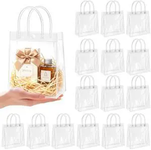 15 Clear Plastic Gift Bags with Handles, 6.1 x 6.1 x 2.7 In Party Favor Bag | Reusable Transparent PVC Material, Small Size for Goodies, Candy, Cosmetics, Jewelry, Birthdays, and Baby Showers 15 Clear Plastic Gift Bags with Handles, 6.1 x 6.1 x 2.7 In Party Favor Bag | Reusable Transparent PVC Material, Small Size for Goodies, Candy, Cosmetics, Jewelry, Birthdays, and Baby Showers