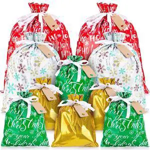 Gift Bags with Tags, Assorted Size Xmas Gift Bags Set in Bulk, Large Medium Small Made of Food-Grade Aluminized Polymer, Reusable Eco-Friendly Drawstring Sacks for Holiday Wrapping & Party Favors Gift Bags with Tags, Assorted Size Xmas Gift Bags Set in Bulk, Large Medium Small Made of Food-Grade Aluminized Polymer, Reusable Eco-Friendly Drawstring Sacks for Holiday Wrapping & Party Favors