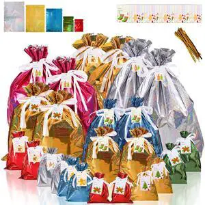 24 Pcs Christmas Drawstring Gift Bag, Wrapping Bag Bulk with Tags | Assorted Size Holiday Present Holders Party Supply for Goodies, Birthday 24 Pcs Christmas Drawstring Gift Bag, Wrapping Bag Bulk with Tags | Assorted Size Holiday Present Holders Party Supply for Goodies, Birthday
