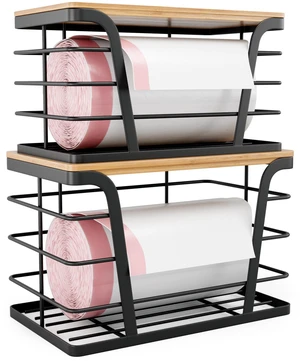 2 Pack Stackable Storage Laundry Kitchen Organizers, Wall Mount Trash Bag Holder with Bamboo Top and Garbage Bag Dispenser No Drill 2 Pack Stackable Storage Laundry Kitchen Organizers, Wall Mount Trash Bag Holder with Bamboo Top and Garbage Bag Dispenser No Drill