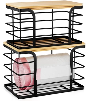 2 Pack Stackable Storage for Kitchen Laundry Pantry Organizers,Trash Bag Holder with Bamboo Top,Wall Mount Garbage Bag Dispenser,Black Large and Small 2 Pack Stackable Storage for Kitchen Laundry Pantry Organizers,Trash Bag Holder with Bamboo Top,Wall Mount Garbage Bag Dispenser,Black Large and Small