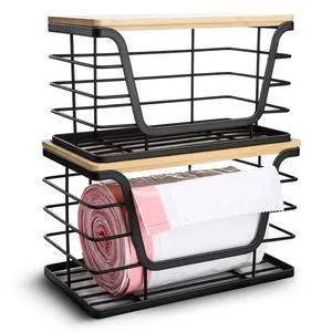 2 Pack Trash Bag Dispenser & Garbage Holder Stackable Wall Mount Storage Organizer with Bamboo Top, No Drill Roll Holder for Kitchen, Bathroom, Laundry & Under Sink Countertop Organization 2 Pack Trash Bag Dispenser & Garbage Holder Stackable Wall Mount Storage Organizer with Bamboo Top, No Drill Roll Holder for Kitchen, Bathroom, Laundry & Under Sink Countertop Organization