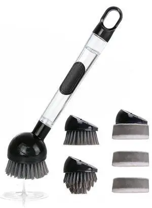 Soap Dispensing Dish Brush with Handle, 360° Rotating Head, 5-Piece Kitchen Cleaning Set (2 Brush Heads & 3 Sponges), Non-Scratch Scrubber for Pot, Pan, Sink, Leak-Proof Dishwand, Black Soap Dispensing Dish Brush with Handle, 360° Rotating Head, 5-Piece Kitchen Cleaning Set (2 Brush Heads & 3 Sponges), Non-Scratch Scrubber for Pot, Pan, Sink, Leak-Proof Dishwand, Black