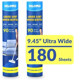 9.45 Large Lint Roller Refills, 2 Packs, 180 Extra Sticky Sheets | Sticky Roller Refills, Easy Tear Sheets, Compatible Only with DELOMO 9.45 Lint Roller, Floors, Carpets, Couches, Pet Hair 9.45 Large Lint Roller Refills, 2 Packs, 180 Extra Sticky Sheets | Sticky Roller Refills, Easy Tear Sheets, Compatible Only with DELOMO 9.45 Lint Roller, Floors, Carpets, Couches, Pet Hair
