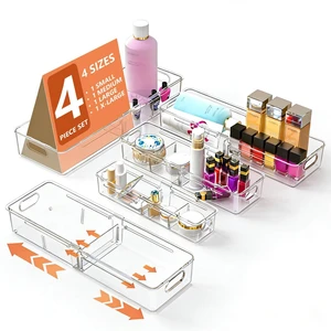 4 -Size Expandable Drawer Organizer 4 Pack Plastic Storage Bins | Adjustable Storage Trays for Vanity Makeup Desk Station Office Crafts Deep Sliding Plastic Divider Trays 4 -Size Expandable Drawer Organizer 4 Pack Plastic Storage Bins | Adjustable Storage Trays for Vanity Makeup Desk Station Office Crafts Deep Sliding Plastic Divider Trays