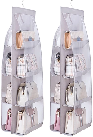 2 Packs Hanging Handbag Organizer for Closet, Purse Storage Holder with 8 Easy Access Clear PVC Pockets, Womens Purse Hanger Bag for Wardrobe Door Wall Space Saving, Gray 2 Packs Hanging Handbag Organizer for Closet, Purse Storage Holder with 8 Easy Access Clear PVC Pockets, Womens Purse Hanger Bag for Wardrobe Door Wall Space Saving, Gray