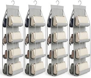 4-Pack Hanging Purse Organizer for Closet, Purse Storage Holder with 8 Clear PVC Pockets, Space Saving Handbag Hanger for Wardrobe Door Wall, Foldable Non-Woven Fabric, Gray 4-Pack Hanging Purse Organizer for Closet, Purse Storage Holder with 8 Clear PVC Pockets, Space Saving Handbag Hanger for Wardrobe Door Wall, Foldable Non-Woven Fabric, Gray