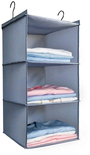Hanging Closet Organizer 3-Shelf, Oxford Fabric Wardrobe Storage, Gray | Easy-mount foldable design holds clothes, handbags, shoes & accessories; washable Oxford fabric, sturdy and space-saving. Hanging Closet Organizer 3-Shelf, Oxford Fabric Wardrobe Storage, Gray | Easy-mount foldable design holds clothes, handbags, shoes & accessories; washable Oxford fabric, sturdy and space-saving.
