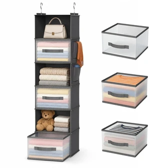 6-Shelf Hanging Closet Organizer with 3 Drawers & Side Pockets, Gray | Non-woven fabric, tool-free setup, ideal for bedrooms/dorms/RVs, 3 foldable transparent drawers for easy access 6-Shelf Hanging Closet Organizer with 3 Drawers & Side Pockets, Gray | Non-woven fabric, tool-free setup, ideal for bedrooms/dorms/RVs, 3 foldable transparent drawers for easy access