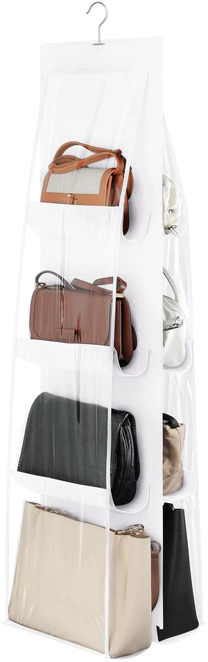 8-Pocket Hanging Handbag Purse Organizer for Closet, White | Closet Hanging Handbags Storage Organizer, Clear Wardrobe Closet Space Saving Purse Holder with Metal Hooks 8-Pocket Hanging Handbag Purse Organizer for Closet, White | Closet Hanging Handbags Storage Organizer, Clear Wardrobe Closet Space Saving Purse Holder with Metal Hooks