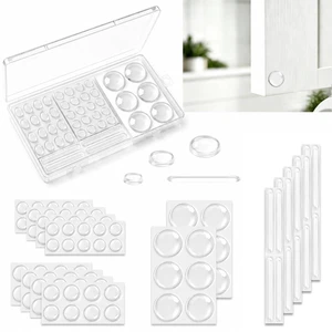 Clear Cabinet Door Bumpers, 4 Shapes Self Adhesive Silicone Pads | 104 pcs with storage box. Clear silicone bumpers reduce noise and provide a custom fit for cabinets, drawers & furniture. Clear Cabinet Door Bumpers, 4 Shapes Self Adhesive Silicone Pads | 104 pcs with storage box. Clear silicone bumpers reduce noise and provide a custom fit for cabinets, drawers & furniture.