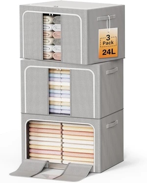 Clothes Storage Bins with Metal Frame Foldable Storage Box Clothes Organizers Storage Containers for Clothes Sheets Blankets Books Toys Gifts and Holiday Decorations (24Lx3 Pack) Clothes Storage Bins with Metal Frame Foldable Storage Box Clothes Organizers Storage Containers for Clothes Sheets Blankets Books Toys Gifts and Holiday Decorations (24Lx3 Pack)