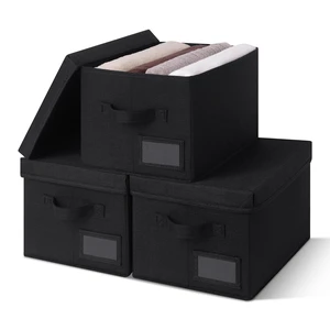 Storage Bins with Lids, Decorative Storage Boxes with Lids | Storage Box with Dust Cover, Handles & Lable, Collapsible, Ideal for Closet Clothes Blanket Toys, Medium, Black, 3-Pack Storage Bins with Lids, Decorative Storage Boxes with Lids | Storage Box with Dust Cover, Handles & Lable, Collapsible, Ideal for Closet Clothes Blanket Toys, Medium, Black, 3-Pack