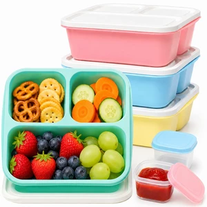 Bento Box Snack Containers, 3 Compartment Lunch Containers for Adults, Reusable Stackable Meal Prep & Food Storage Containers with Leakproof Sauce Cups, 4 Pack Bento Box Snack Containers, 3 Compartment Lunch Containers for Adults, Reusable Stackable Meal Prep & Food Storage Containers with Leakproof Sauce Cups, 4 Pack