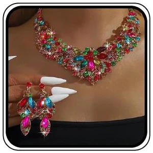 Vintage Colorful Crystal Rhinestone Statement Choker Bib Statement Necklace Earring Set Sparkly Chunky Cluster Leaf Flower Necklace Dangle Earrings Set Halloween Bar Costume Jewelry Sets (Colorful) Vintage Colorful Crystal Rhinestone Statement Choker Bib Statement Necklace Earring Set Sparkly Chunky Cluster Leaf Flower Necklace Dangle Earrings Set Halloween Bar Costume Jewelry Sets (Colorful)