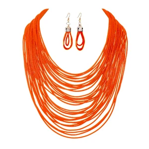 African Multicolor Layered Chunky Bib Necklace for Women Tassel Wax Line Choker with Earrings Statement Jewelry Set-orange African Multicolor Layered Chunky Bib Necklace for Women Tassel Wax Line Choker with Earrings Statement Jewelry Set-orange