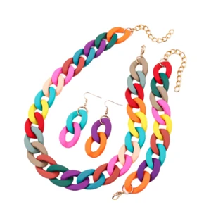 3Pcs Colorful Acrylic Chunky Necklace Bracelet Earrings Set Exaggerate Resin Cuban Link Chain Collar Necklace Geometric Statement Necklace for Women 70S 80S Costume Party Jewelry-Colorful 3Pcs Colorful Acrylic Chunky Necklace Bracelet Earrings Set Exaggerate Resin Cuban Link Chain Collar Necklace Geometric Statement Necklace for Women 70S 80S Costume Party Jewelry-Colorful