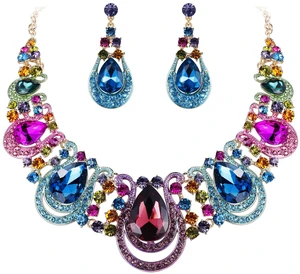 Women's Costume Statement Necklace Dangle Earrings Set Multicolor | Gorgeous Crystal Teardrop Hollow Scroll Jewelry Set for Prom Accessories Gold-Tone Women's Costume Statement Necklace Dangle Earrings Set Multicolor | Gorgeous Crystal Teardrop Hollow Scroll Jewelry Set for Prom Accessories Gold-Tone