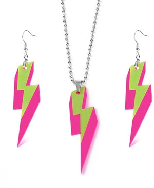 80s Neon Lightning Bolt Dangle Earrings with Pendant Necklace, Hot Pink and Lime Green Acrylic Jewelry Set, Retro Party Costume Accessories for Women 80s Neon Lightning Bolt Dangle Earrings with Pendant Necklace, Hot Pink and Lime Green Acrylic Jewelry Set, Retro Party Costume Accessories for Women