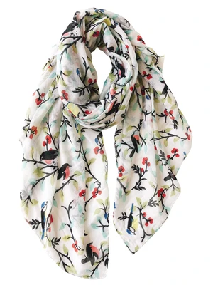 Cotton Scarf for Women Lightweight Ivory White Neck Scarf Shawl | Voile Scarves Floral Birds Pattern Soft Shawls and Wraps Artistic Cotton Scarf for Women Lightweight Ivory White Neck Scarf Shawl | Voile Scarves Floral Birds Pattern Soft Shawls and Wraps Artistic
