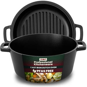 Cast Iron Dutch Oven 5 QT with Skillet Lid Pre-Seasoned PFAS-Free | Dual Purpose Skillet Lid, Griddle Pan Included, Bread Baking, Roasting, Grilling, Camping Use, Heavy Duty Cast Iron Dutch Oven 5 QT with Skillet Lid Pre-Seasoned PFAS-Free | Dual Purpose Skillet Lid, Griddle Pan Included, Bread Baking, Roasting, Grilling, Camping Use, Heavy Duty