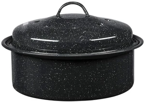 Round Covered Roaster, 3 lb - Speckled Black | Enamel Steel Roasting Pan with Lid for Poultry, Meat & Vegetables, Non-Stick, Even Heat Distribution, Dishwasher Safe Round Covered Roaster, 3 lb - Speckled Black | Enamel Steel Roasting Pan with Lid for Poultry, Meat & Vegetables, Non-Stick, Even Heat Distribution, Dishwasher Safe