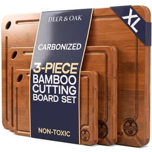 Pre-Oiled, Non Toxic 3-Piece Carbonized Bamboo Cutting Board Set | 16.5 x 11 in, 12 x 8 in, 9 x 6 in · Hanging hole · Eco-friendly 500F technology Pre-Oiled, Non Toxic 3-Piece Carbonized Bamboo Cutting Board Set | 16.5 x 11 in, 12 x 8 in, 9 x 6 in · Hanging hole · Eco-friendly 500F technology
