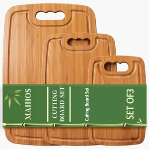Bamboo Cutting Board Set of 3 with Stand, Juice Grooves, Handles | Deep-carbonized bamboo in 15 x 10, 12 x 8 and 9 x 6 in sizes; rounded corners and matching wood storage holder. Bamboo Cutting Board Set of 3 with Stand, Juice Grooves, Handles | Deep-carbonized bamboo in 15 x 10, 12 x 8 and 9 x 6 in sizes; rounded corners and matching wood storage holder.
