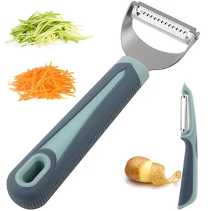 Julienne Peeler Vegetable Peeler with 4.8'' Long Silicone Handle | Non-slip grip & sharp blade; Y carrot shredder -strips for salads & meal prep; Potato peeler -ordinary peeling; 2 Pack; Blue Julienne Peeler Vegetable Peeler with 4.8'' Long Silicone Handle | Non-slip grip & sharp blade; Y carrot shredder -strips for salads & meal prep; Potato peeler -ordinary peeling; 2 Pack; Blue