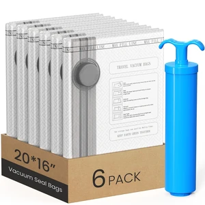 Vacuum Bags for Travel with Hand Pump, 6 Pack Space Saving Storage Bags | 20x16" Vacuum Seal Bags for Clothing Travel, Reusable Compression Bags for Luggage, Suitcase, Carry-On and Closet Storage Vacuum Bags for Travel with Hand Pump, 6 Pack Space Saving Storage Bags | 20x16" Vacuum Seal Bags for Clothing Travel, Reusable Compression Bags for Luggage, Suitcase, Carry-On and Closet Storage