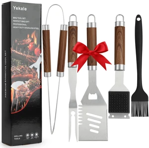 Grill Set, Grill Tools for Outdoor Grill Utensils Set BBQ Accessories | Grilling Tools Set, Spatula, Fork, Brush, Tongs & Cleaning Brush, Gifts for Men Dad Him (Wood) Grill Set, Grill Tools for Outdoor Grill Utensils Set BBQ Accessories | Grilling Tools Set, Spatula, Fork, Brush, Tongs & Cleaning Brush, Gifts for Men Dad Him (Wood)
