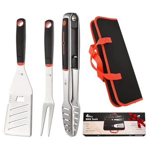 BBQ Tools Set, 4 PCS Heavy Duty Stainless Steel Spatula, Fork, Tongs with Portable Bag, Essential Accessories for Barbecue Outdoor Grill, Grilling Gifts for Men Dad Camp Chef BBQ Tools Set, 4 PCS Heavy Duty Stainless Steel Spatula, Fork, Tongs with Portable Bag, Essential Accessories for Barbecue Outdoor Grill, Grilling Gifts for Men Dad Camp Chef