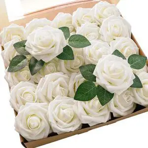 Artificial Flowers 25pcs Real Looking Ivory Foam Fake Roses with Stems for DIY Wedding Bouquets White Bridal Shower Centerpieces Arrangements Party Tables Decorations Artificial Flowers 25pcs Real Looking Ivory Foam Fake Roses with Stems for DIY Wedding Bouquets White Bridal Shower Centerpieces Arrangements Party Tables Decorations