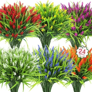 24 Pcs Artificial Flowers for Outdoors Fake Lavender, Mixed | Realistic plastic flowers, faux monkey grass shrubs, UV resistant, for porch garden window box office home decorations 24 Pcs Artificial Flowers for Outdoors Fake Lavender, Mixed | Realistic plastic flowers, faux monkey grass shrubs, UV resistant, for porch garden window box office home decorations