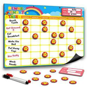 Magnetic Reward Chart for Kids, Customizable Dry Erase Weekly Chore Chart | 1 Name Sticker, 52 Star Stickers, Behavior Chart for Toddlers, Potty Training, Routine Daily Record, Motivate Good Habits Magnetic Reward Chart for Kids, Customizable Dry Erase Weekly Chore Chart | 1 Name Sticker, 52 Star Stickers, Behavior Chart for Toddlers, Potty Training, Routine Daily Record, Motivate Good Habits