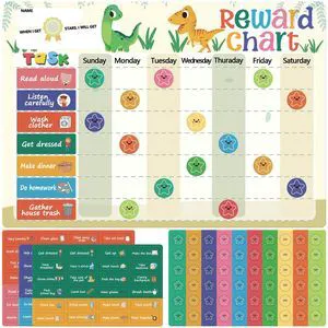 Reusable Magnetic Reward Chart with 76 Magnetic Behavior Stickers and 70 Reusable Star Stickers, Customizable Task Sections, Dry Erase Surface, Ideal for Kids and Young Children (Dinosaur) Reusable Magnetic Reward Chart with 76 Magnetic Behavior Stickers and 70 Reusable Star Stickers, Customizable Task Sections, Dry Erase Surface, Ideal for Kids and Young Children (Dinosaur)