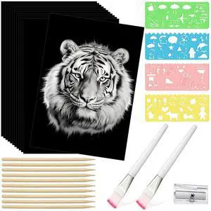 50 Sheet Black Scratch Paper Art Set 8. 5 x 11 Inch Coated Scratchboard Scratch Paper with Wooden Stylus Sharpener and Stencils DIY Painting Art for Adults 50 Sheet Black Scratch Paper Art Set 8. 5 x 11 Inch Coated Scratchboard Scratch Paper with Wooden Stylus Sharpener and Stencils DIY Painting Art for Adults