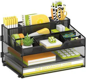 3 Tier Desk Organizer, Mesh Letter Tray Paper Organizer with 5 Adjustable Storage Compartments & Pen Holder, Metal Desk Accessories for Home Office School, Black 3 Tier Desk Organizer, Mesh Letter Tray Paper Organizer with 5 Adjustable Storage Compartments & Pen Holder, Metal Desk Accessories for Home Office School, Black