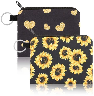 2 Pcs Sunflowers Coin Purse Fabric Coin Pouch with Key Ring, Zipper Heart Coin Bag, Small Black Canvas Purse Pouch, Travel Portable Keychain Wallet 2 Pcs Sunflowers Coin Purse Fabric Coin Pouch with Key Ring, Zipper Heart Coin Bag, Small Black Canvas Purse Pouch, Travel Portable Keychain Wallet