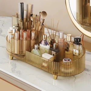 Rotating Makeup Organizer for Vanity Countertop, Amber | Clear Acrylic Cosmetic Display Case, Large Beauty Brush Holder for Bathroom Counter, Skincare Lipsticks Storage Rotating Makeup Organizer for Vanity Countertop, Amber | Clear Acrylic Cosmetic Display Case, Large Beauty Brush Holder for Bathroom Counter, Skincare Lipsticks Storage