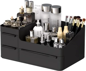 Makeup Organizer for Vanity, Bathroom Countertop Storage Display Boxes Case,Stackable Cosmetic Holder for Jewelry Hair Accessories Beauty Skincare Product Organizing with drawer organizer tray, Black Makeup Organizer for Vanity, Bathroom Countertop Storage Display Boxes Case,Stackable Cosmetic Holder for Jewelry Hair Accessories Beauty Skincare Product Organizing with drawer organizer tray, Black
