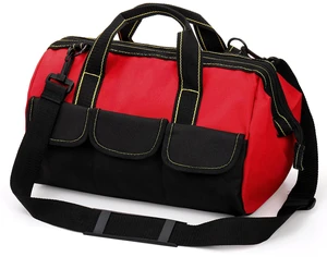16 Inch Wide Mouth Tool Bag, Collapsible Tool Tote with Waterproof Coating and Adjustable Strap, Portable Electrician Tool Organizer Handbag with 5 Outside Pockets, Red 16 Inch Wide Mouth Tool Bag, Collapsible Tool Tote with Waterproof Coating and Adjustable Strap, Portable Electrician Tool Organizer Handbag with 5 Outside Pockets, Red
