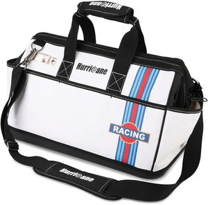 16 inch Wide Mouth Tool Bag with Water Proof Molded Base with Extra Shoulder Strap, Upgrade Version, Racing theme-White, Multi Pockets, Large Inner Space 16 inch Wide Mouth Tool Bag with Water Proof Molded Base with Extra Shoulder Strap, Upgrade Version, Racing theme-White, Multi Pockets, Large Inner Space