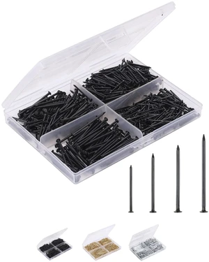 Nail Assortment Kit, 600 Pcs, 4 Sizes, Black Picture Hangers | Small Nails for Hanging Pictures, Finishing Nails for Drywall, Wood Nail Assortment Kit, 600 Pcs, 4 Sizes, Black Picture Hangers | Small Nails for Hanging Pictures, Finishing Nails for Drywall, Wood