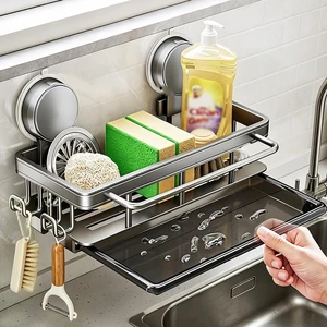 4-in-1 Sink Caddy Sponge Holder wih Strong Suction Cup, Multi-use | Sponge Holder for Kitchen Sink Organizer with Hanging Hooks, Towel Rod, Drip Tray for Sponge, Brush, Scrubber, Scraper 4-in-1 Sink Caddy Sponge Holder wih Strong Suction Cup, Multi-use | Sponge Holder for Kitchen Sink Organizer with Hanging Hooks, Towel Rod, Drip Tray for Sponge, Brush, Scrubber, Scraper